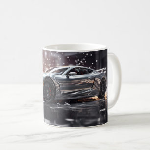 Zilveren snelle sportauto die drift koffiemok