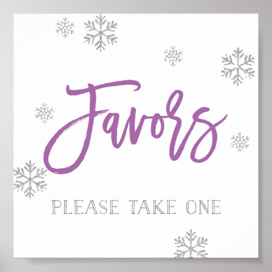 Zilveren Snowflakes en Paarse Chic Favor Sign Poster (Voorkant)