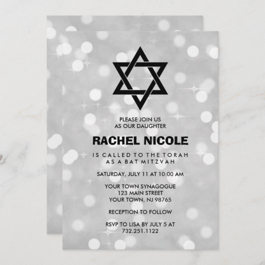 Zilveren Sparkle Bokeh Bat Mitswa en Ster van Davi Kaart (Voorkant / Achterkant)