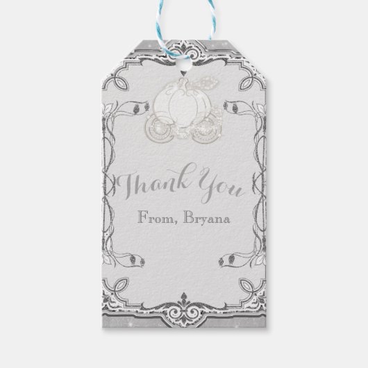 Zilveren Sparkle Carriage Assepoester Party Favor Cadeaulabel (Voorkant)