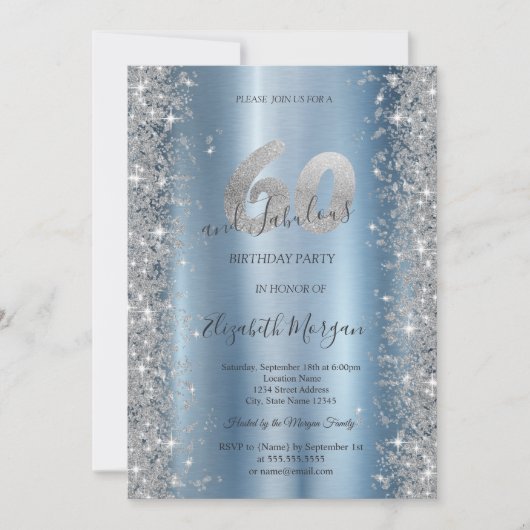 Zilveren Sparkle Diamonds Blauw 60e verjaardag Kaart (Voorkant)