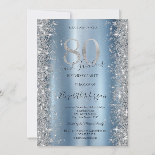 Zilveren Sparkle Diamonds Blauw 80ste verjaardag Kaart (Voorkant)