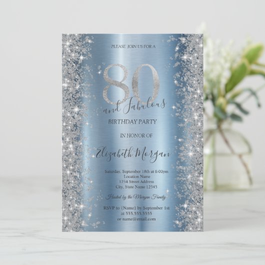 Zilveren Sparkle Diamonds Blauw 80ste verjaardag Kaart (Staand voorkant)