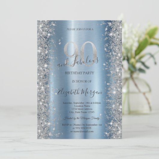 Zilveren Sparkle Diamonds Blauw 90ste verjaardag Kaart (Staand voorkant)