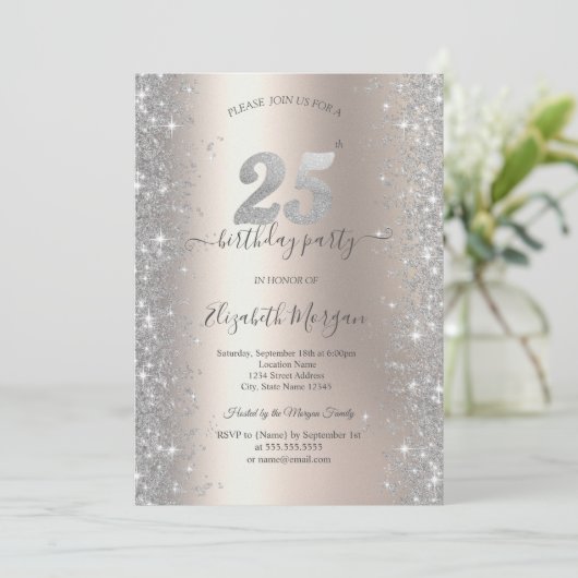 Zilveren Sparkle Diamonds Ivoor 25e Verjaardagsfee Kaart (Staand voorkant)