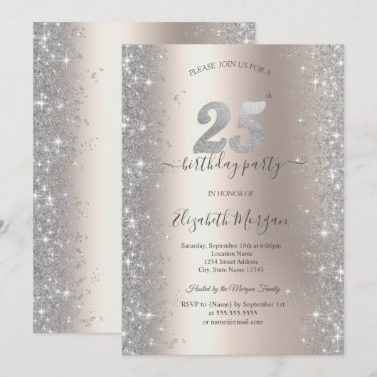 Zilveren Sparkle Diamonds Ivoor 25e Verjaardagsfee Kaart (Voorkant / Achterkant)