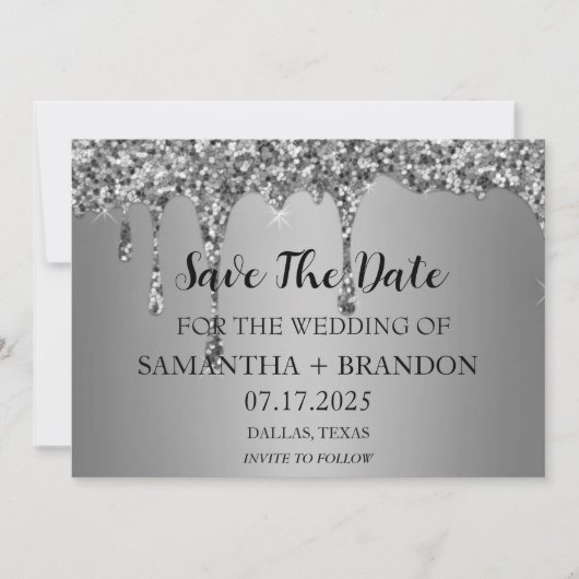 Zilveren Sparkle Glitter Drips Luxe bruiloft Save The Date (Voorkant)