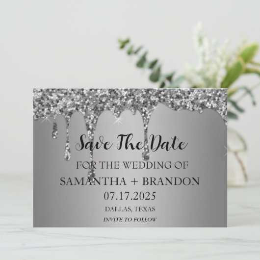 Zilveren Sparkle Glitter Drips Luxe bruiloft Save The Date (Staand voorkant)