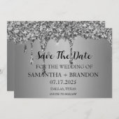 Zilveren Sparkle Glitter Drips Luxe bruiloft Save The Date (Voorkant / Achterkant)
