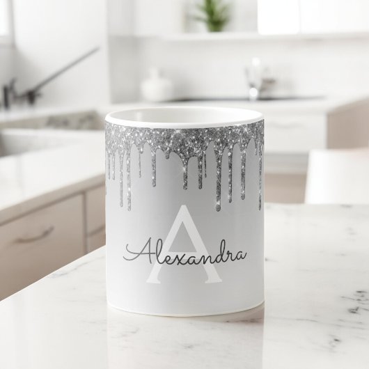Zilveren Sparkle Glitter Luxe Monogram Naam Koffiemok