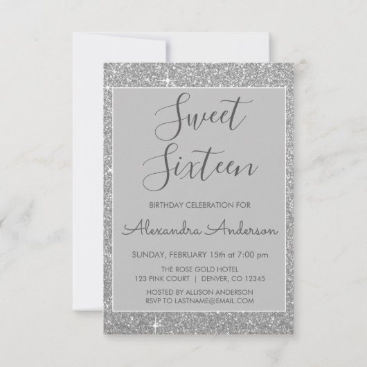 Zilveren Sparkle Glitter Sweet Zestien Verjaardag Kaart (Achterkant)