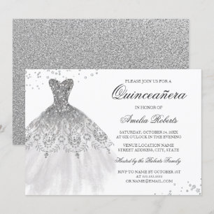 Zilveren Sparkle Jurk Quinceanera Uitnodiging