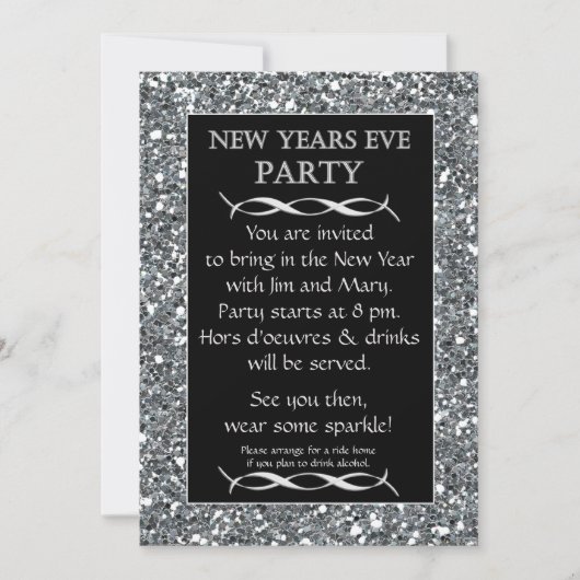 Zilveren Sparkle Look New Years Eve Party Uitnodig Kaart (Voorkant)