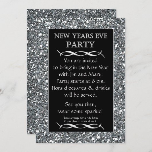 Zilveren Sparkle Look New Years Eve Party Uitnodig Kaart (Voorkant / Achterkant)
