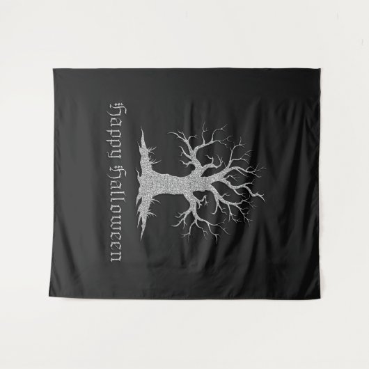 Zilveren Spooky Tree Halloween foto achtergrond Wandkleed (Voorkant (horizontaal))