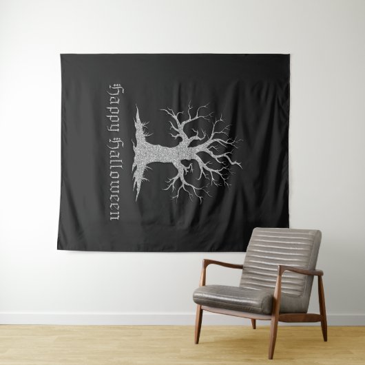 Zilveren Spooky Tree Halloween foto achtergrond Wandkleed (In Situ (horizontaal))