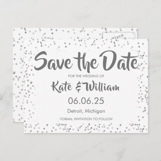 Zilveren Stardust Confetti Save the Date Aankondigingskaart (Voorkant / Achterkant)
