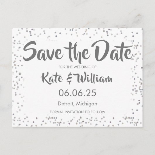 Zilveren Stardust Confetti Save the Date Aankondigingskaart (Voorkant)
