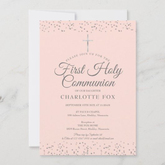 Zilveren Stardust Eerste Heilige Communie Roze Kaart (Voorkant)