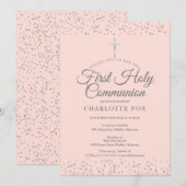 Zilveren Stardust Eerste Heilige Communie Roze Kaart (Voorkant / Achterkant)