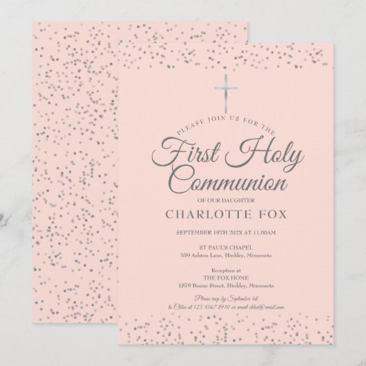 Zilveren Stardust Eerste Heilige Communie Roze Kaart (Voorkant / Achterkant)