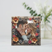 Zilveren Steampunk Metalen Bloemen Wedding Kaart (Staand voorkant)