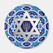 Zilveren ster van David en Menorah Hamukkah Magneet (Voorkant)