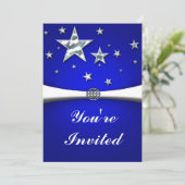Zilveren Sterren Donkerblauwe Feest Uitnodiging (Staand voorkant)