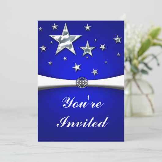 Zilveren Sterren Donkerblauwe Feest Uitnodiging (Staand voorkant)