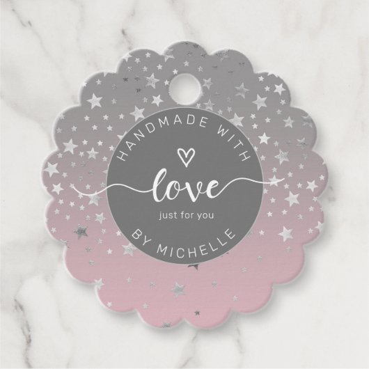 zilveren sterren met handgemaakt liefdesmonogram bedankjes labels (Voorkant)