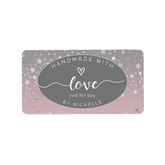 zilveren sterren met handgemaakt liefdesmonogram v etiket (Voorkant)