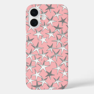 Zilveren sterren op de schelproze iPhone 16 hoesje