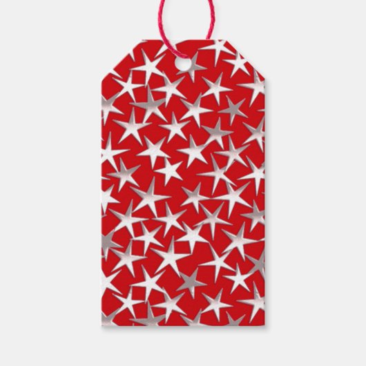 Zilveren sterren op dieprood cadeaulabel (Voorkant)