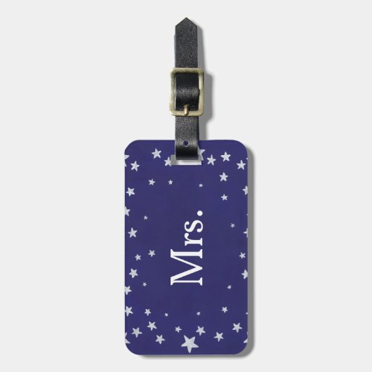Zilveren Sterren op Navy Blue Mr. Mrs Bagagelabels (Voorkant verticaal)