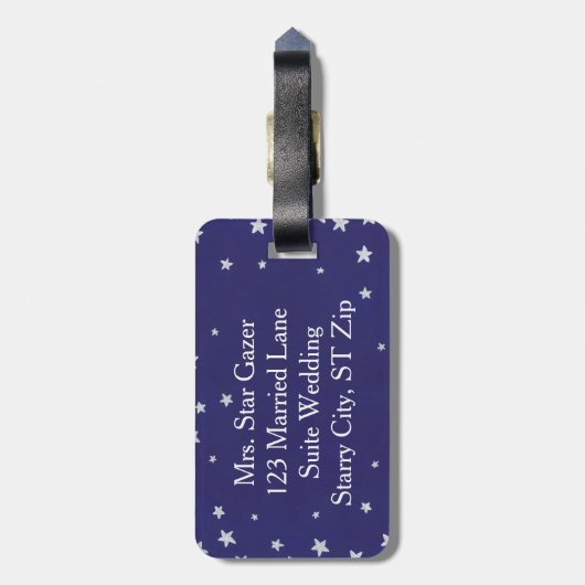 Zilveren Sterren op Navy Blue Mr. Mrs Bagagelabels (Achterkant verticaal)