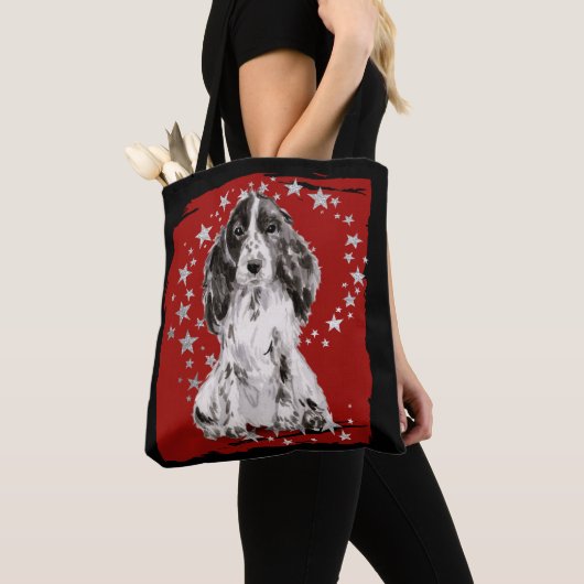 Zilveren sterren op Red Cocker Spaniel Tote Bag (Dichtbij)
