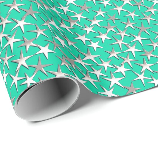 Zilveren sterren op turquoise cadeaupapier (Rol Hoek)