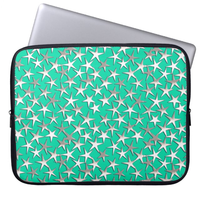 Zilveren sterren op turquoise laptop sleeve (Voorkant)