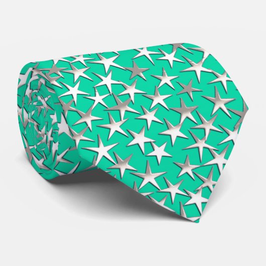 Zilveren sterren op turquoise stropdas (Opgerold)