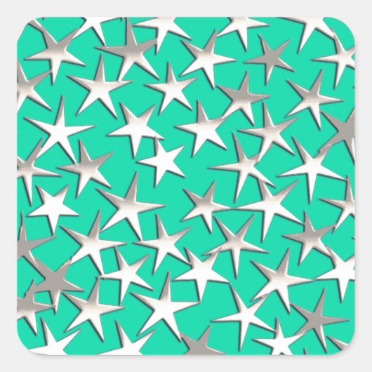 Zilveren sterren op turquoise vierkante sticker (Voorkant)