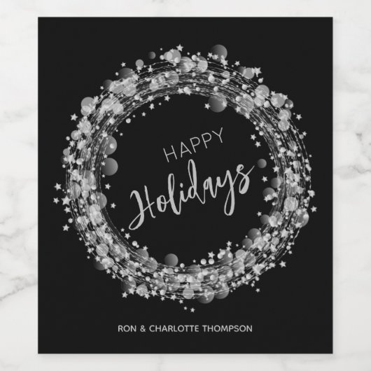 Zilveren Sterren Prettig Nieuwjaar Zwart Wijn Etiket (Enkel label)