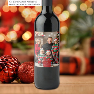 Zilveren Sterren Speciale Kerst Familie Foto Wijn Etiket