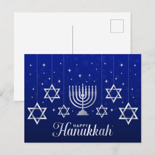 Zilveren sterren van David Menorah Happy Hanukkah Briefkaart (Voorkant / Achterkant)
