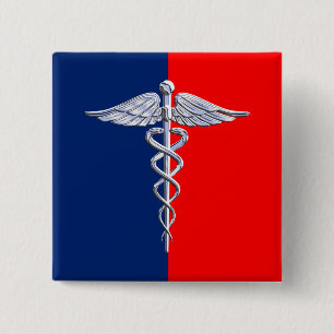 Zilveren Stijl Caduceus Medisch Symbool Liga Vierkante Button 5,1 Cm