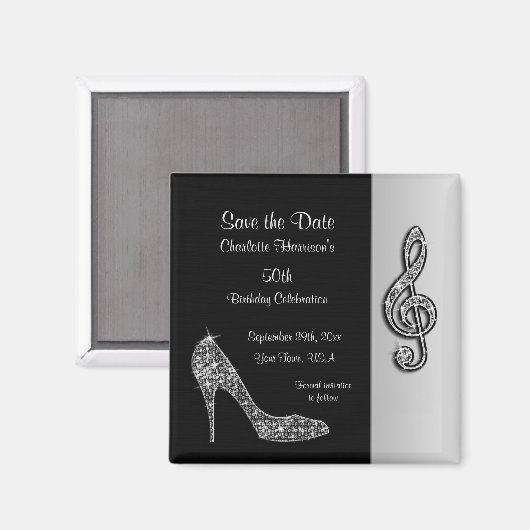 Zilveren Stiletto & Treble Cleft 50e Save The Date Magneet (Voorkant / Achterkant)