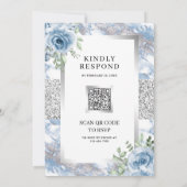 Zilveren Stof Blauw Bloem Marmer QR Code Trouwen Kaart (Achterkant)
