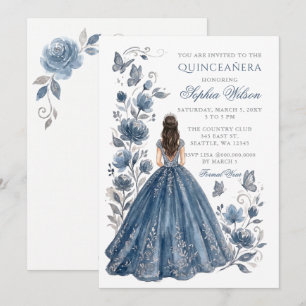 Zilveren Stof Blauw Bloemig Prinses Quinceañera Kaart