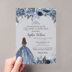 Zilveren Stof Blauw Bloemrijke Prinses Quinceañera Acryl Uitnodigingen