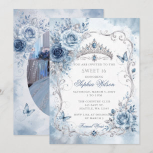 Zilveren Stof Blauw Bloemvlinder Sweet 16 Foto Kaart