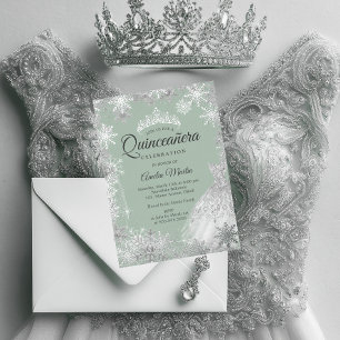 Zilveren Stof Groene Winter Sneeuwvlok Quinceanera Folie Uitnodiging
